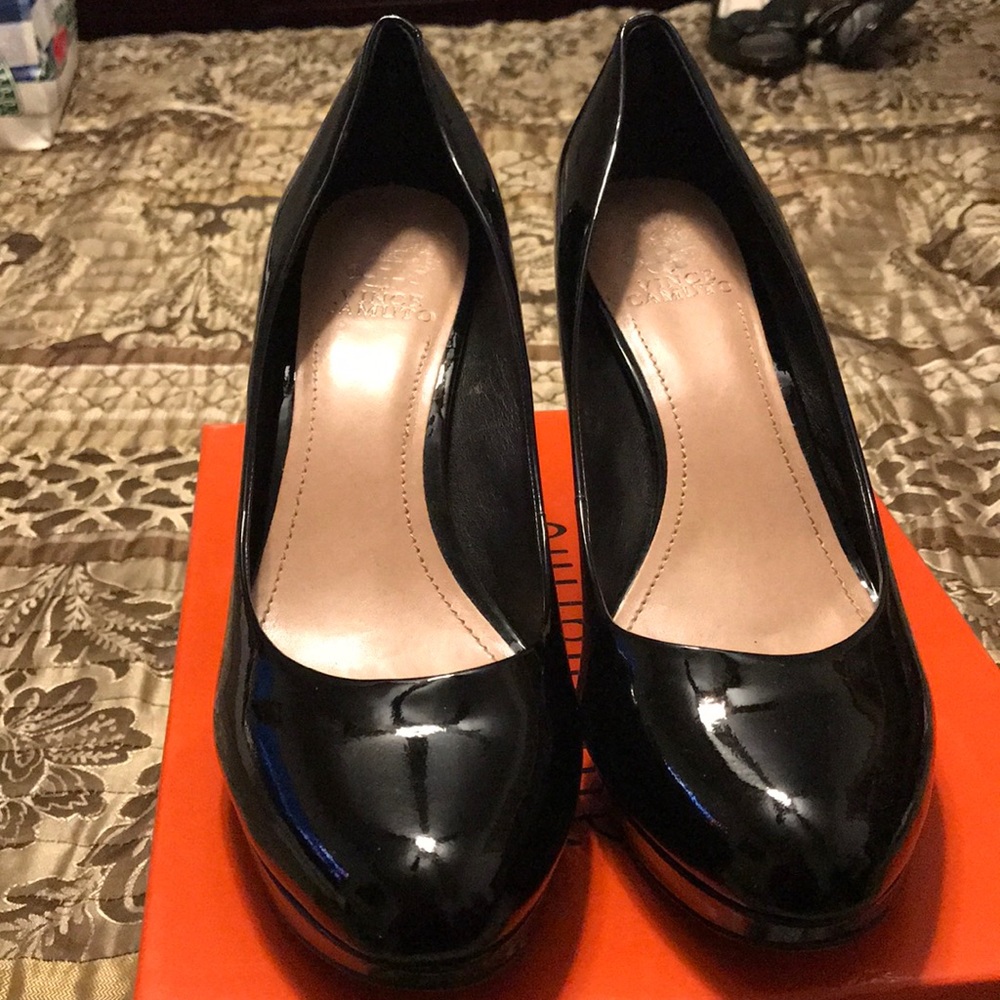 Black patent leather platform heels